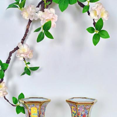 cặp bình men vàng hoạ tiết tứ quý, bình lục giác